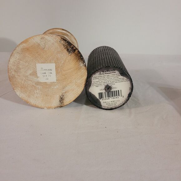 Mango Wood 9.5" Candle Holder With 6" Pillar Ribbed Candle - Picture 7 of 7